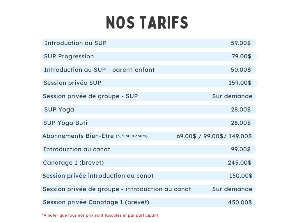 Tarifs École de pagaie Canots Légaré Liste des prix par cours de l'École de pagaie Canots Légaré